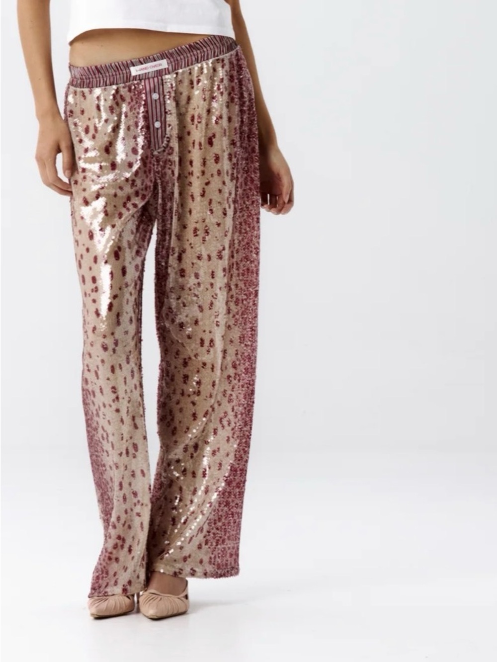 Sequin Wide-Leg Track Pants in Rose Gold
